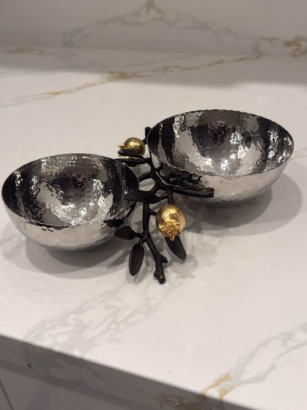 Michael Aram Silver Hammered Double Bowl with Gold Pomegranate Accents